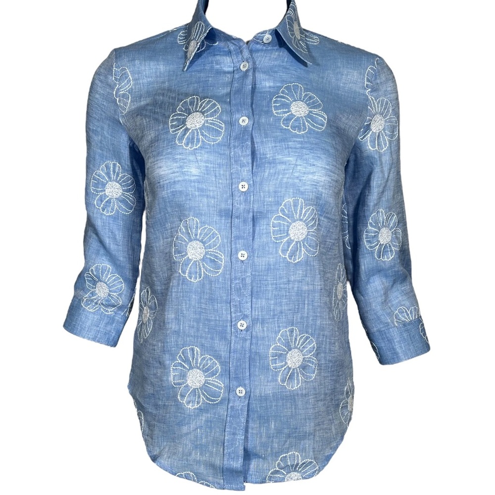 CamicettaSnob Linen Blouse Blue White Flowers